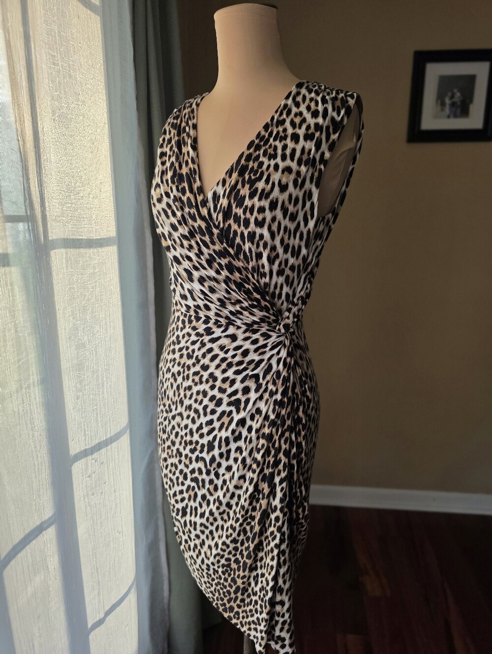 Ali & Jay Leopard Print Faux Wrap Dress Size M Sleeveless V-Neck Ruched Sheath